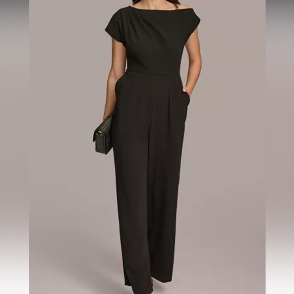 NWT Donna Karan Black Wide-Leg Jumpsuit with Cap Sleeves Sz 16 - Picture 1 of 8